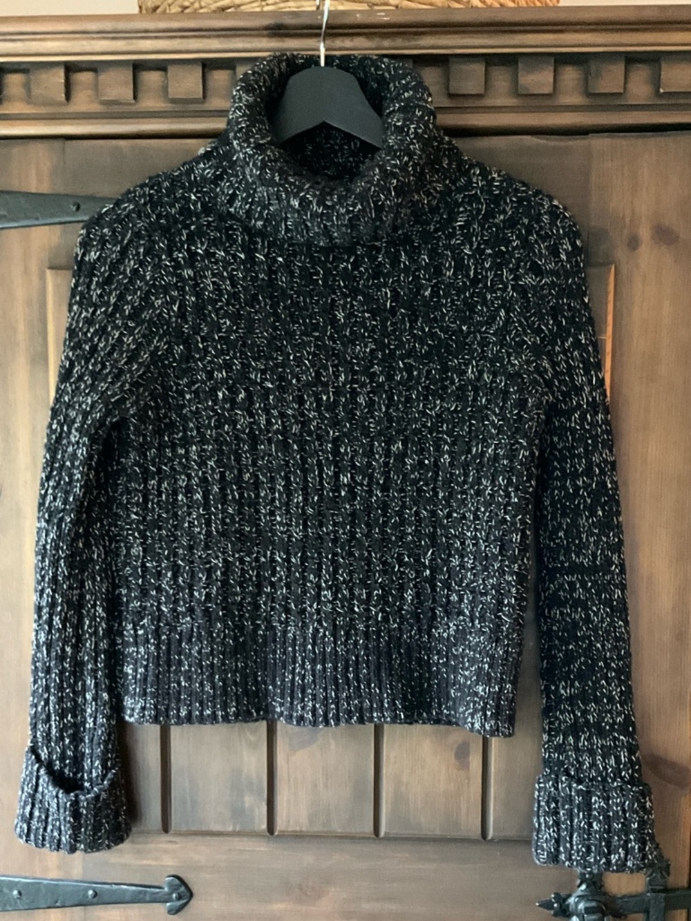 Free People Black White Marled Cable Knit Cropped Turtleneck Sweater Size S - Picture 2 of 10